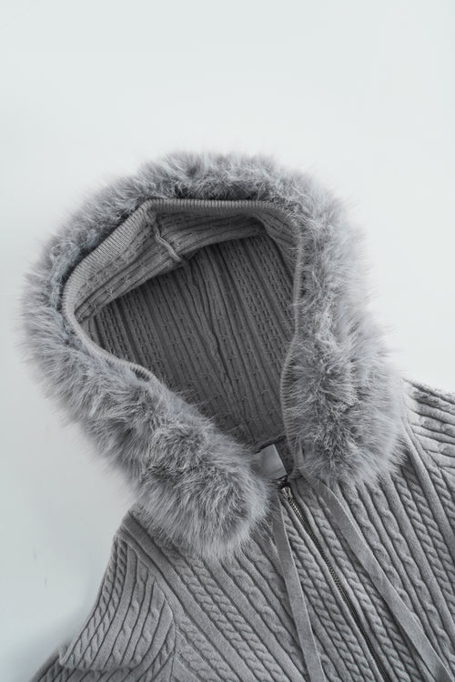 Fur Trim Cozy Cloud Cable Knit Cardigan (Grey)