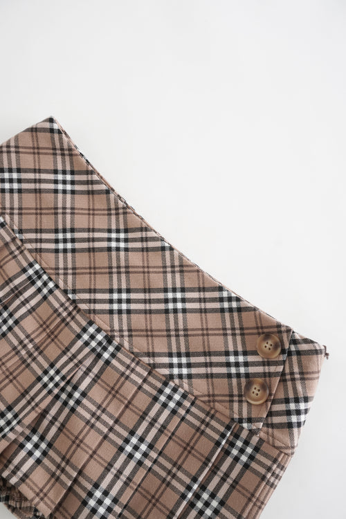 Girly Plaid Pleated Mini Skirt (Khaki)